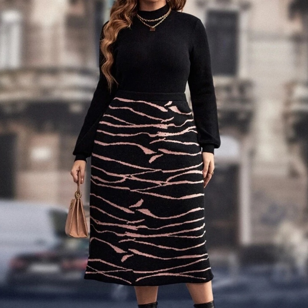 Plus Black Midi Skirt With Neutral Abstract Print/Zebra Stripe Knit Skirt